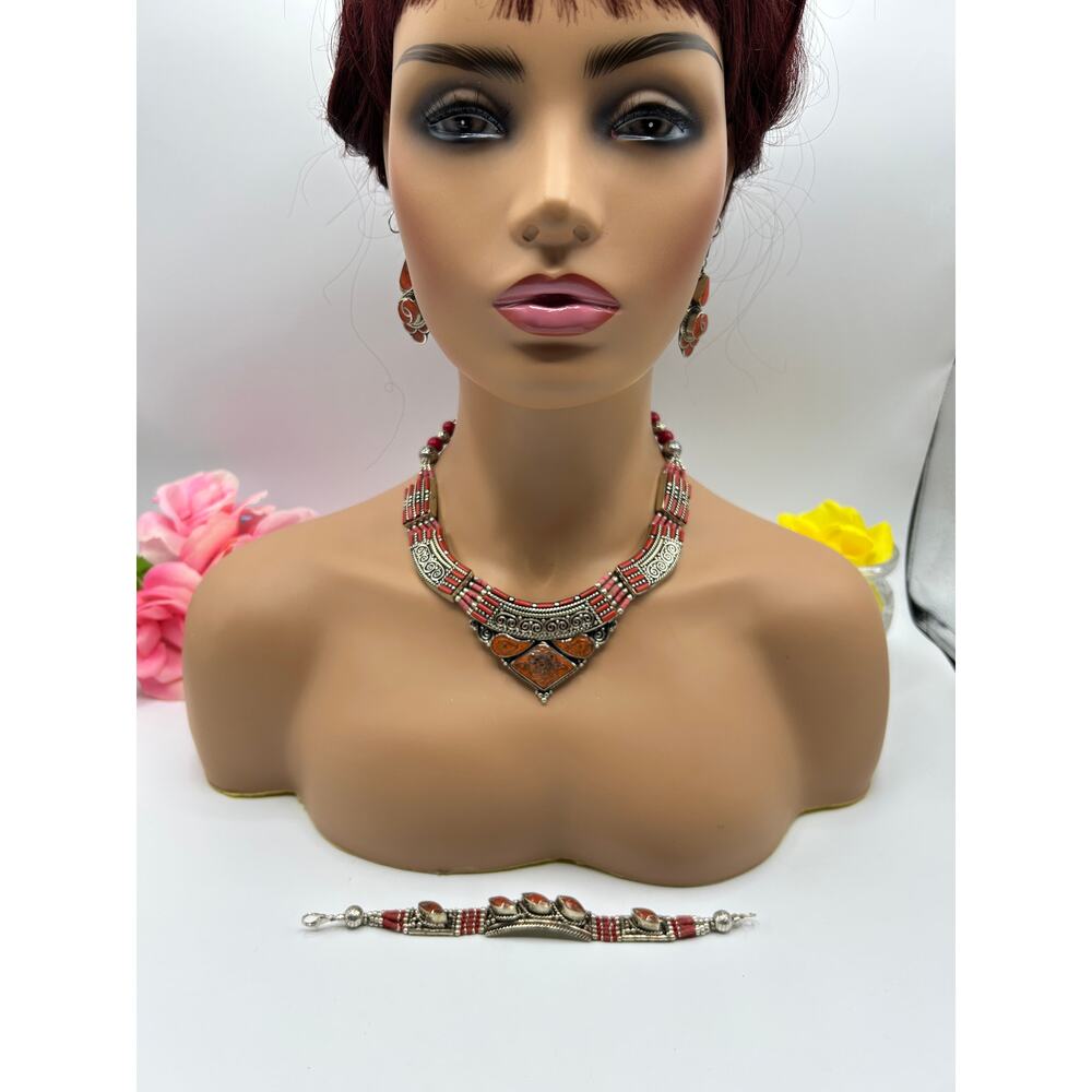 Tibetan Coral & Copal Jewelry Set Necklace Bracelet Earrings Tibetan Silver
